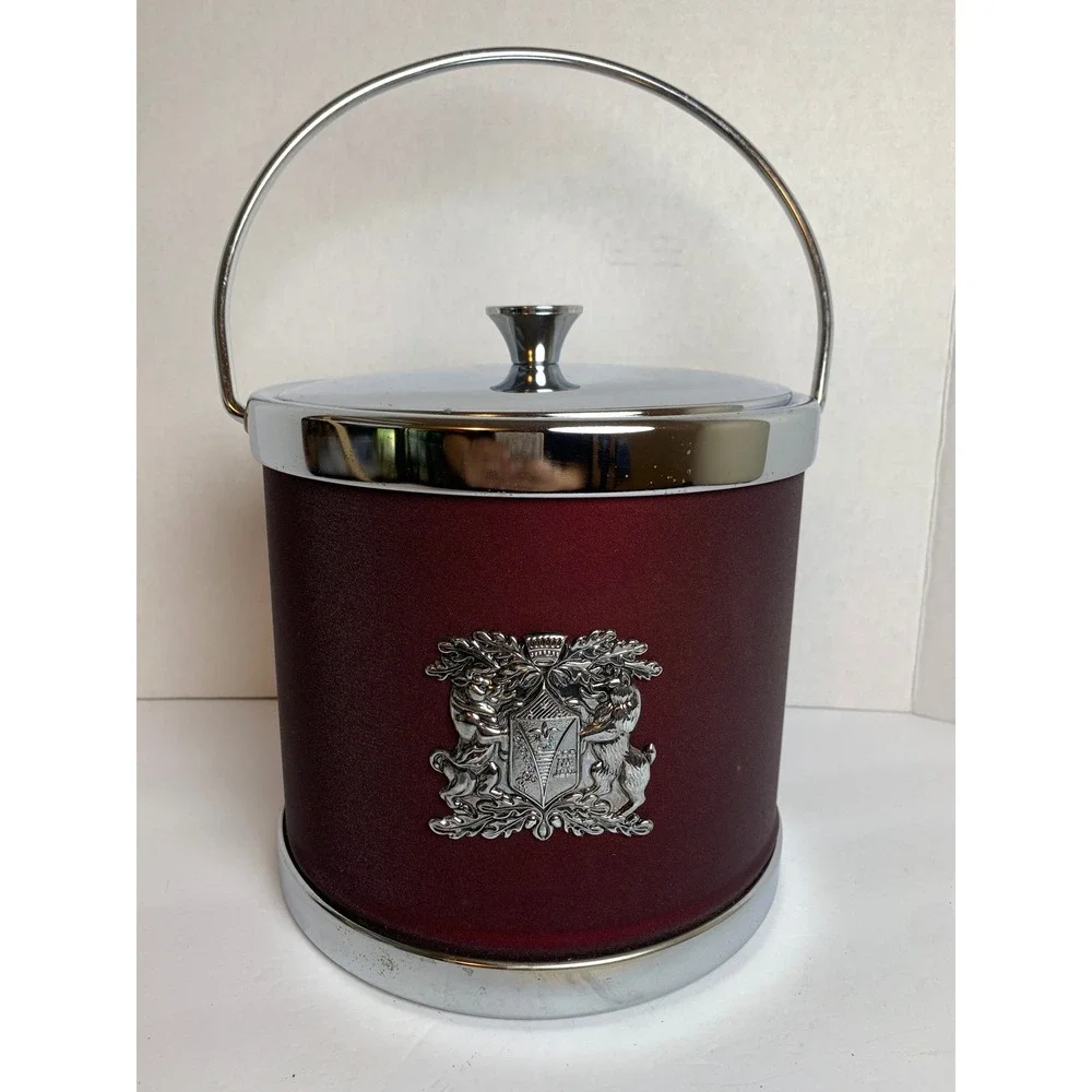 Vintage S.S. Kresge Burgundy Chrome Metal Ice Bucket Heraldic‎ Crest Mid Century